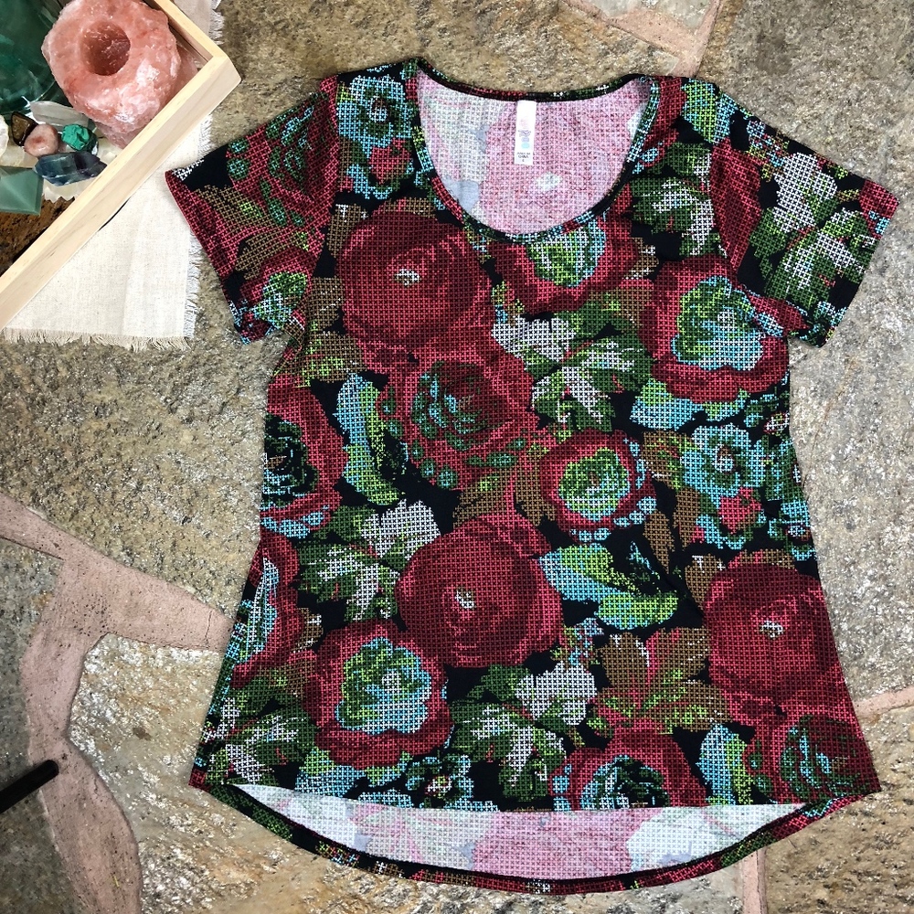 LuLaroe Classic T Size S Cross Stitch Rose Print